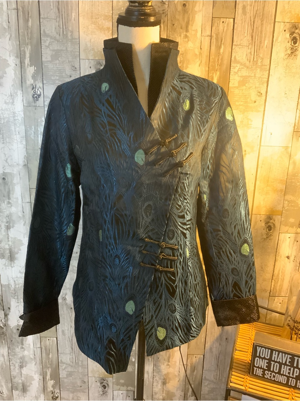 Asymmetrical Peacock-Print Blazer Jacket in Blue-Green